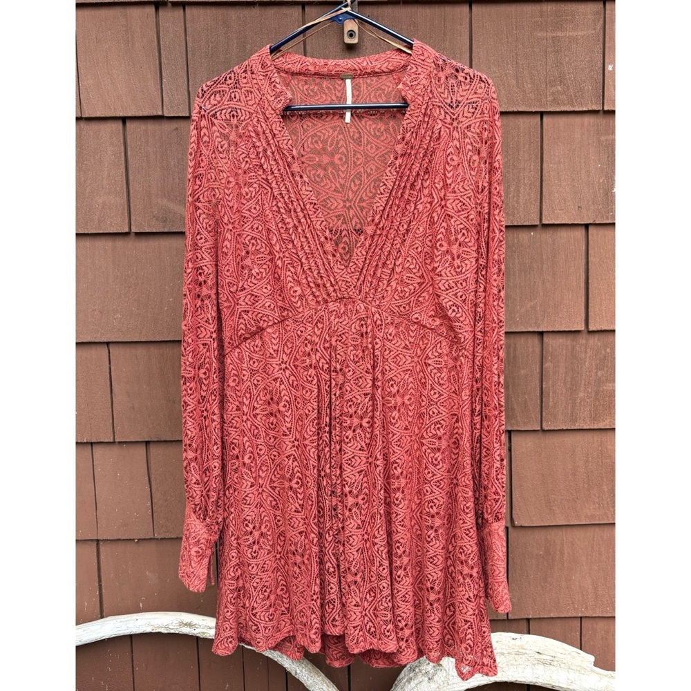 Free People Orange lace v neck Patterned Long Sleeve mini Dress large